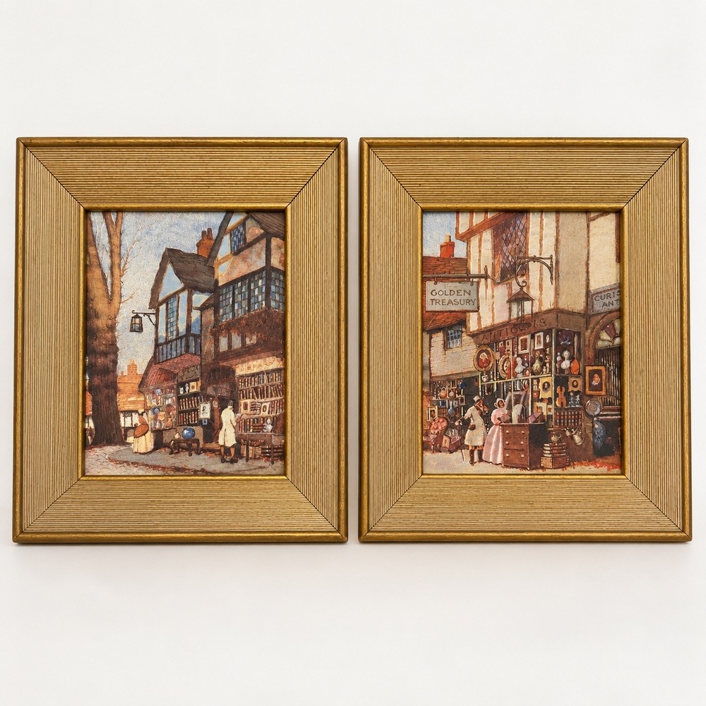 Vintage Pair Framed Art Prints Old English Street Scenes Gold Ribbed Frames 8x10